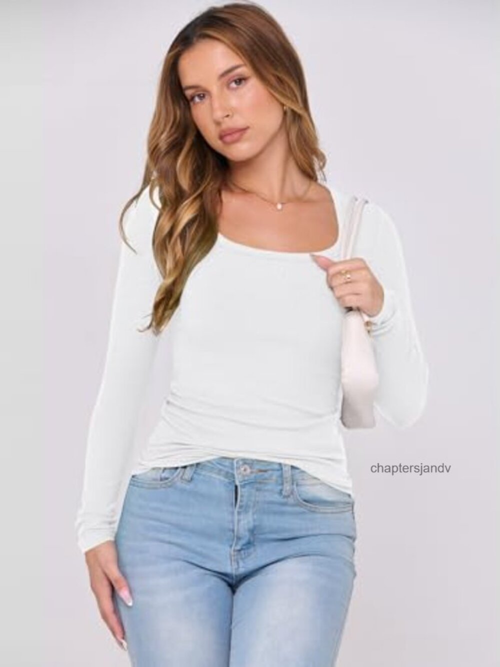 Women's Long Sleeve Scoop Neck Ribbed Knit Top Skinny Fit Casual Tee - Picture 4 of 6